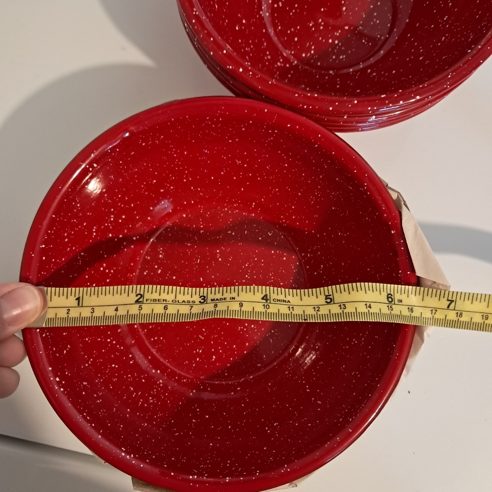 Coleman Red And White Speckled Enamelware Cereal Bowl Set/8 Vintage Retro Camp - Picture 4 of 6